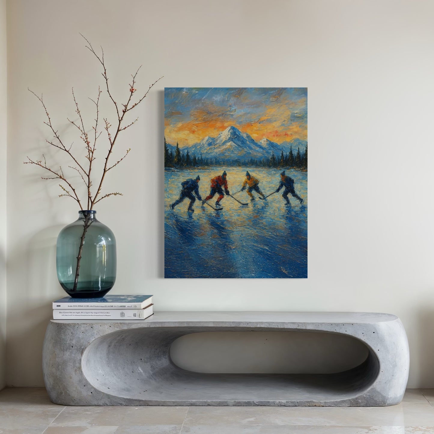Pond Hockey at Sunset PRINT Digital Art on Canvas