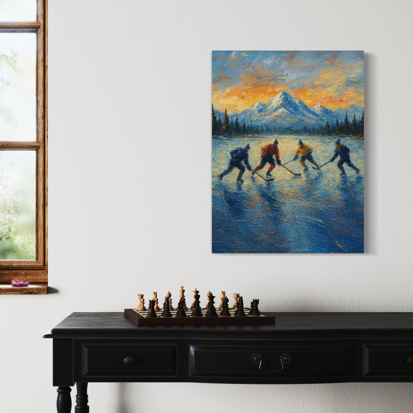 Pond Hockey at Sunset PRINT Digital Art on Canvas