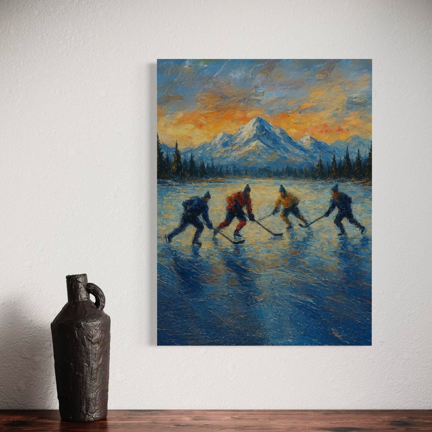Pond Hockey at Sunset PRINT Digital Art on Canvas