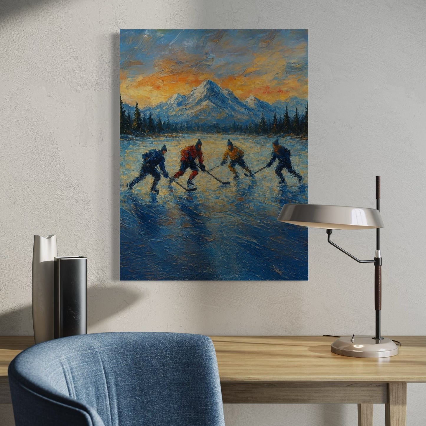 Pond Hockey at Sunset PRINT Digital Art on Canvas