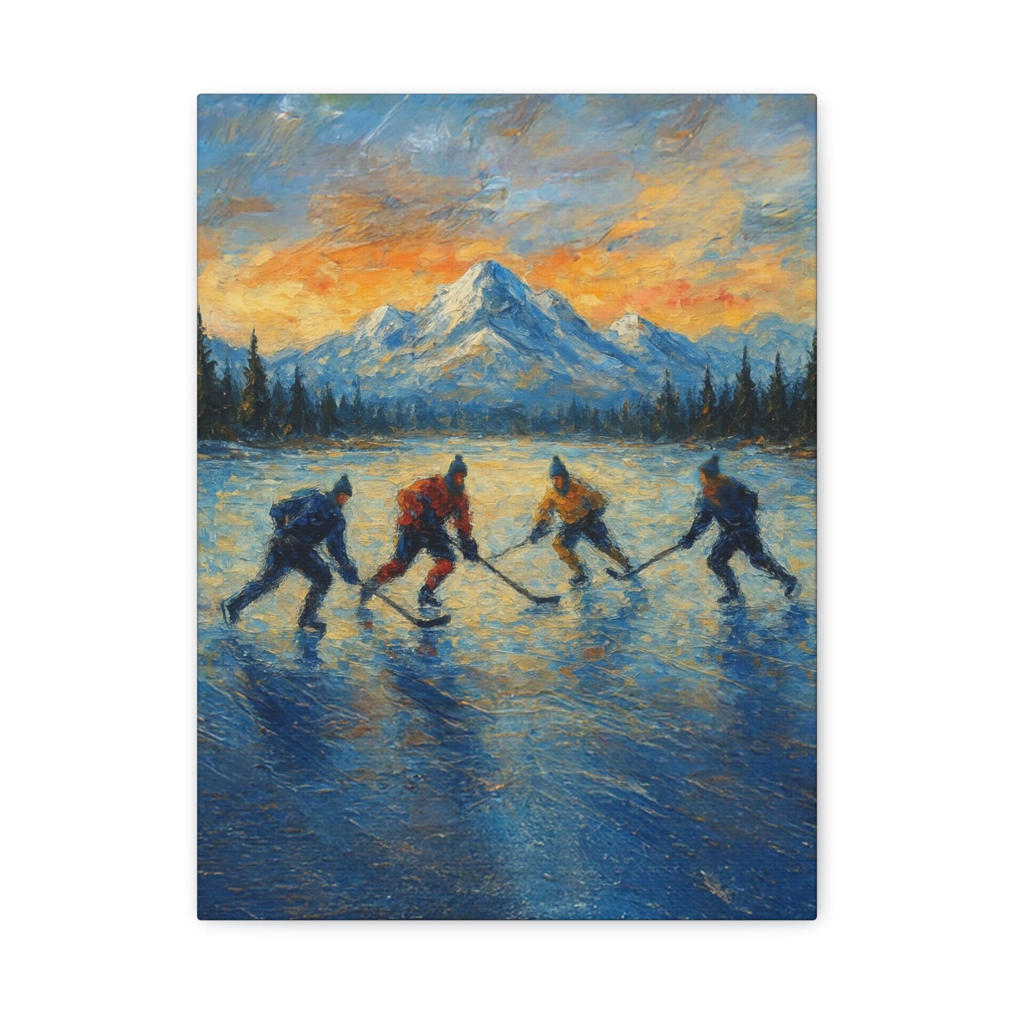 Pond Hockey at Sunset PRINT Digital Art on Canvas