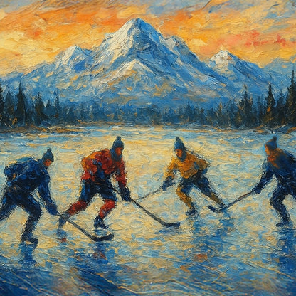 Pond Hockey at Sunset PRINT Digital Art on Canvas