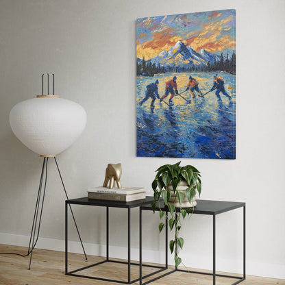 Pond Hockey at Sunset PRINT Art on Canvas (Centre Piece)