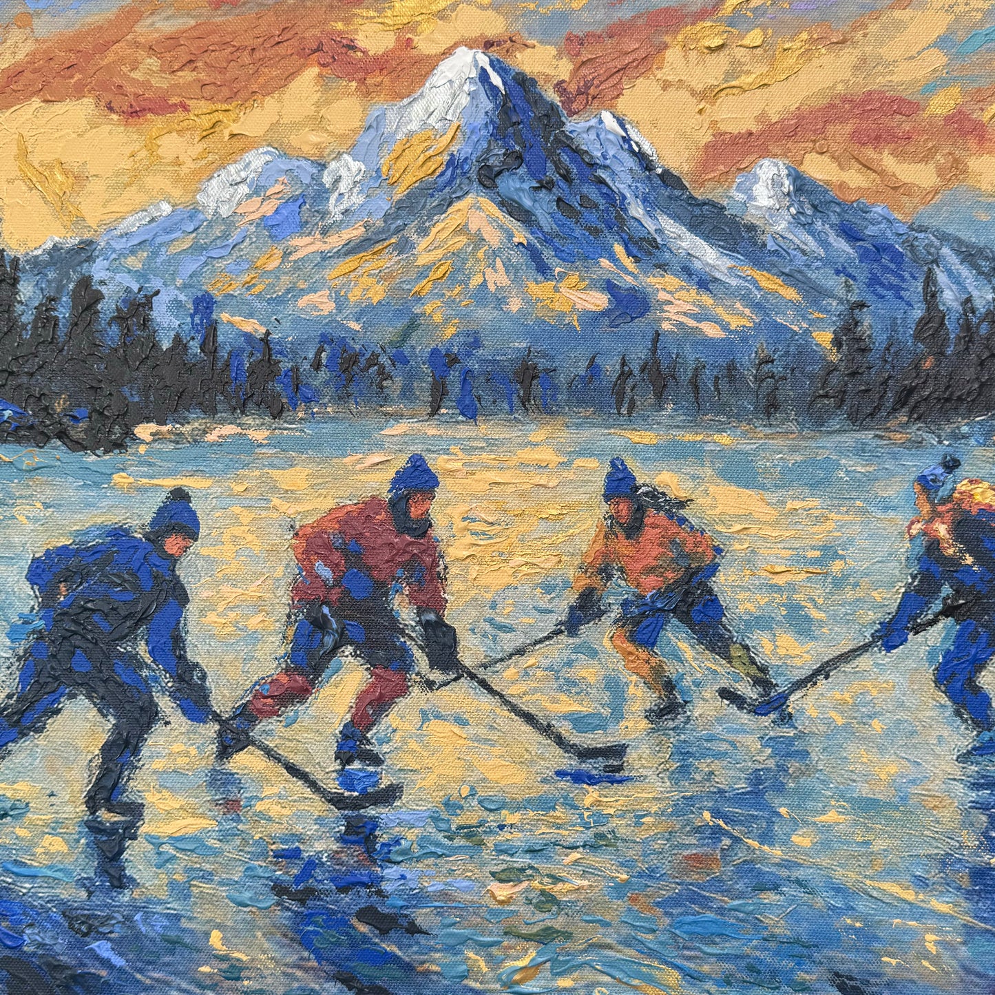 Pond Hockey at Sunset PRINT Art on Canvas (Centre Piece)