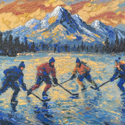 Pond Hockey at Sunset PRINT Art on Canvas (Centre Piece)