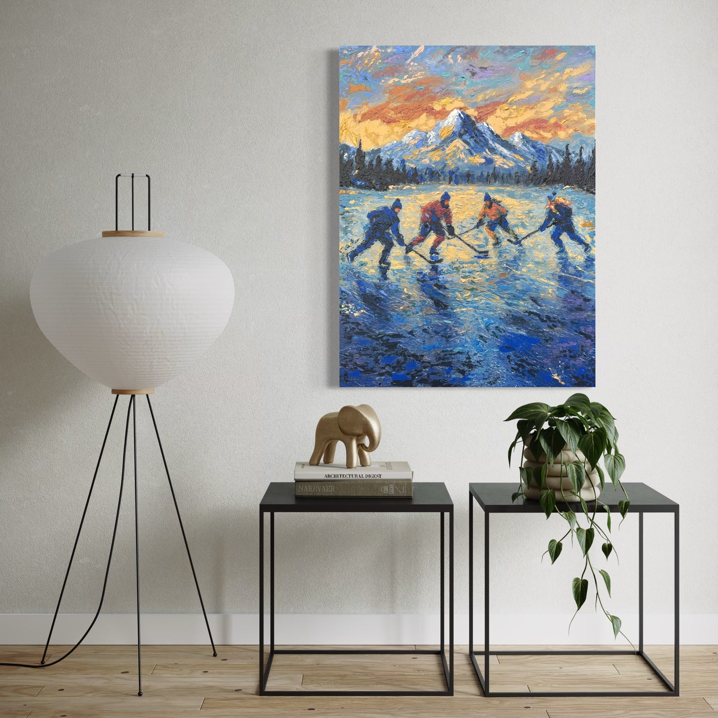 Pond Hockey at Sunset PRINT Art on Canvas (Centre Piece)