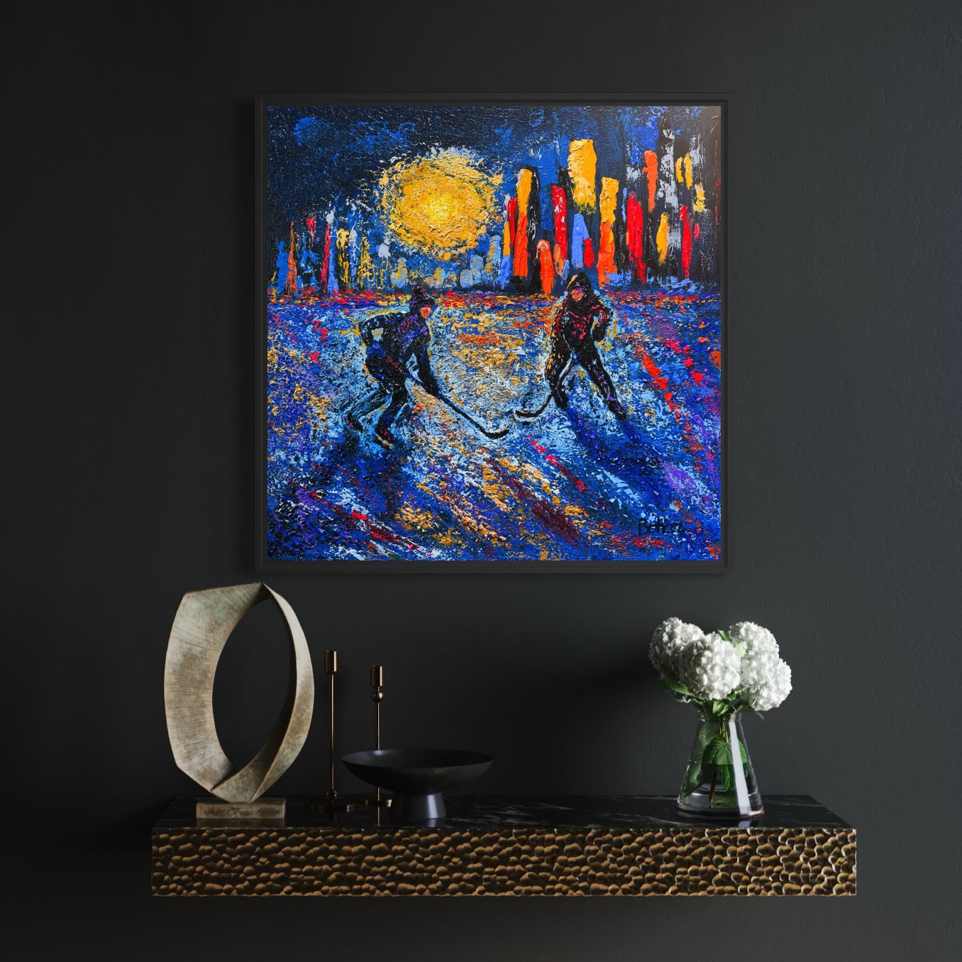 Pond Hockey in the City PRINT Art on Canvas with Frame