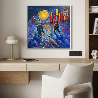 Pond Hockey in the City PRINT Art on Canvas with Frame