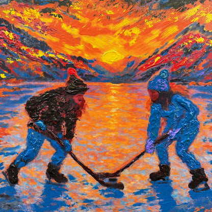 Pond Hockey Girls PRINT Art on Canvas (Centre Piece)