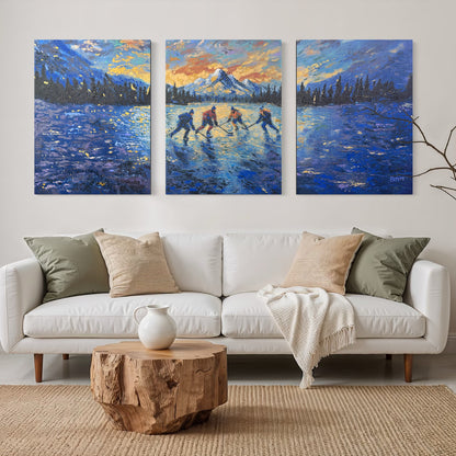 Pond Hockey at Sunset ORIGINAL Hand-Painted Acrylic Art on Canvas (All Three Pieces)