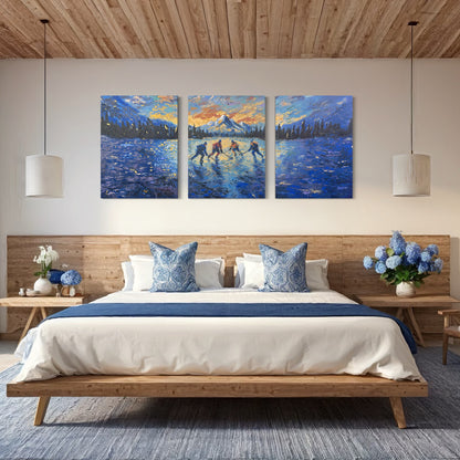 Pond Hockey at Sunset ORIGINAL Hand-Painted Acrylic Art on Canvas (All Three Pieces)
