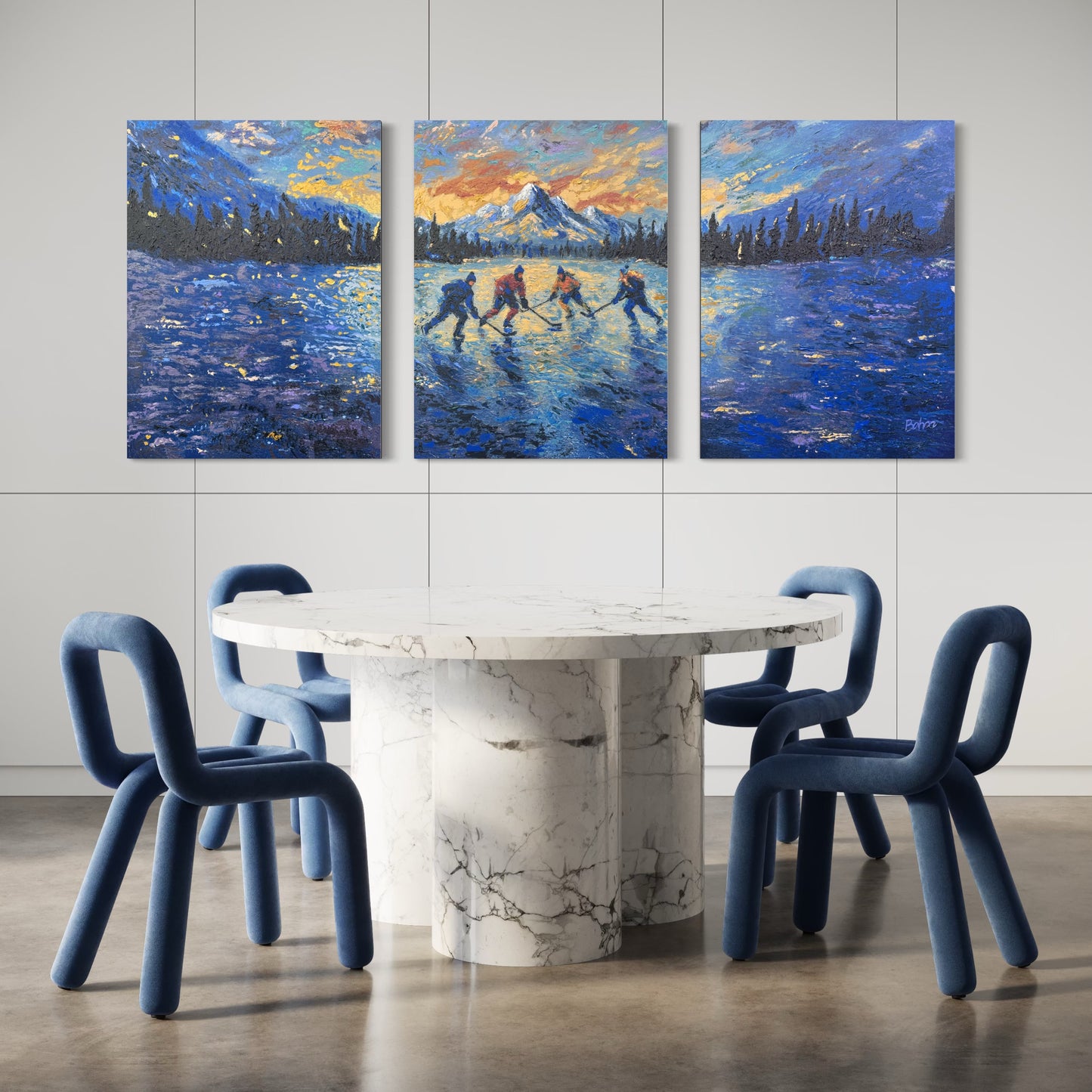 Pond Hockey at Sunset ORIGINAL Hand-Painted Acrylic Art on Canvas (All Three Pieces)