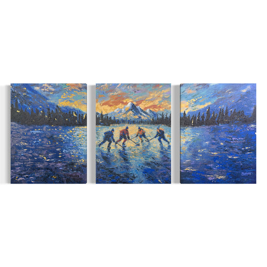 Pond Hockey at Sunset ORIGINAL Hand-Painted Acrylic Art on Canvas (All Three Pieces)