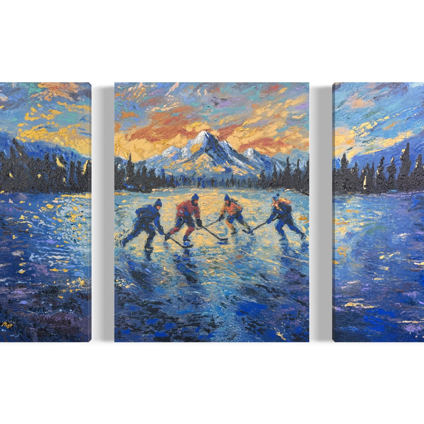 Pond Hockey at Sunset ORIGINAL Hand-Painted Acrylic Art on Canvas (All Three Pieces)