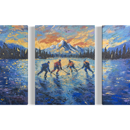 Pond Hockey at Sunset ORIGINAL Hand-Painted Acrylic Art on Canvas (All Three Pieces)