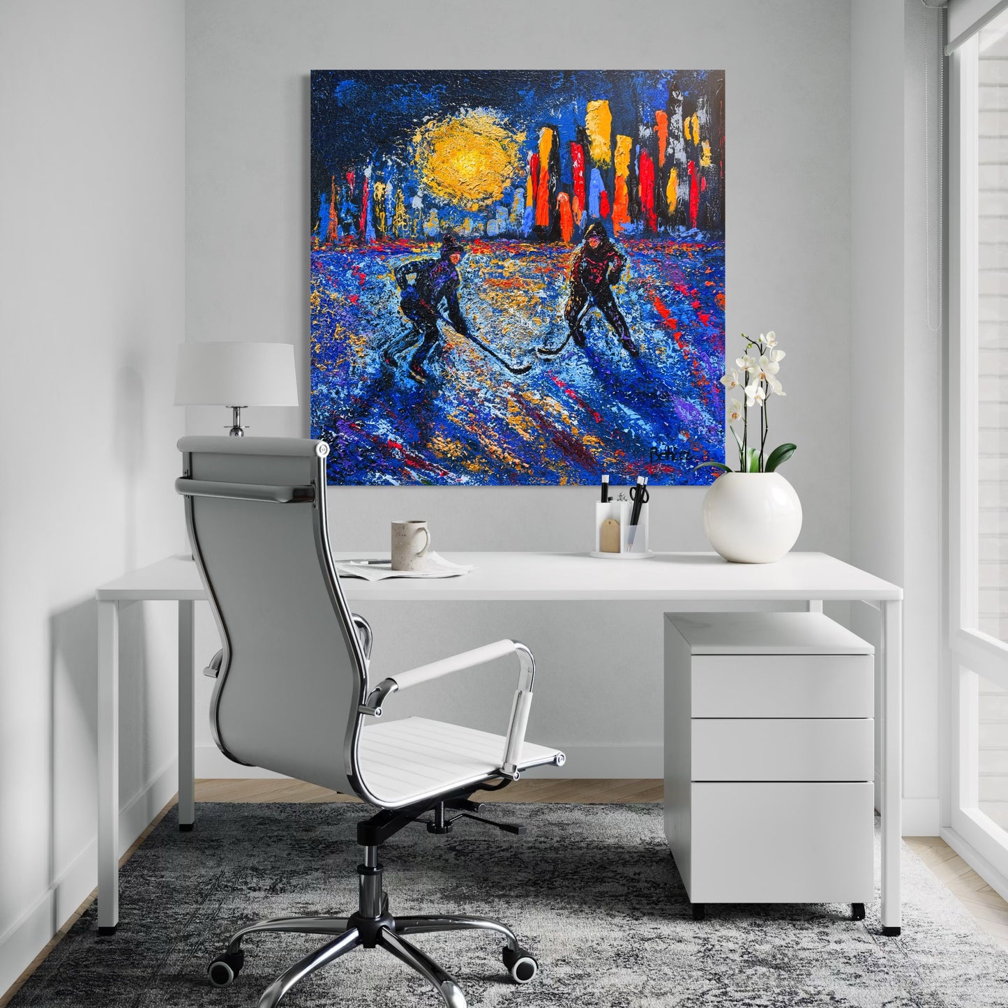 Pond Hockey in the City ORIGINAL Hand-Painted Acrylic Art on Canvas