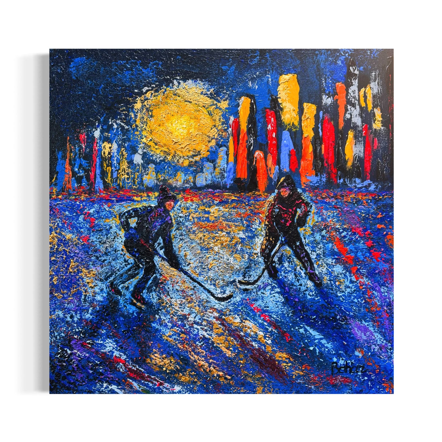 Pond Hockey in the City ORIGINAL Hand-Painted Acrylic Art on Canvas