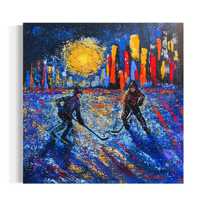 Pond Hockey in the City ORIGINAL Hand-Painted Acrylic Art on Canvas