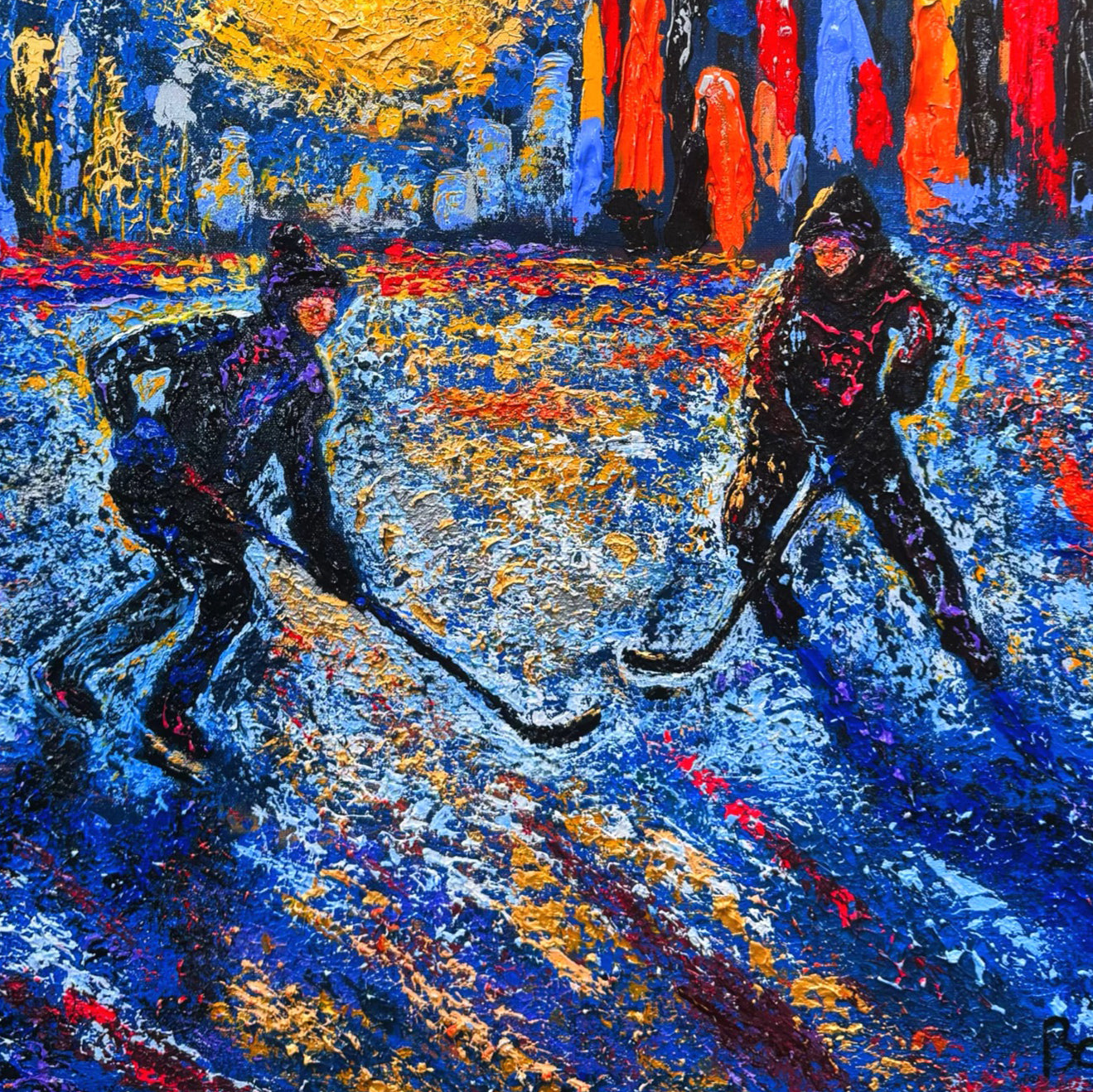 Pond Hockey in the City ORIGINAL Hand-Painted Acrylic Art on Canvas