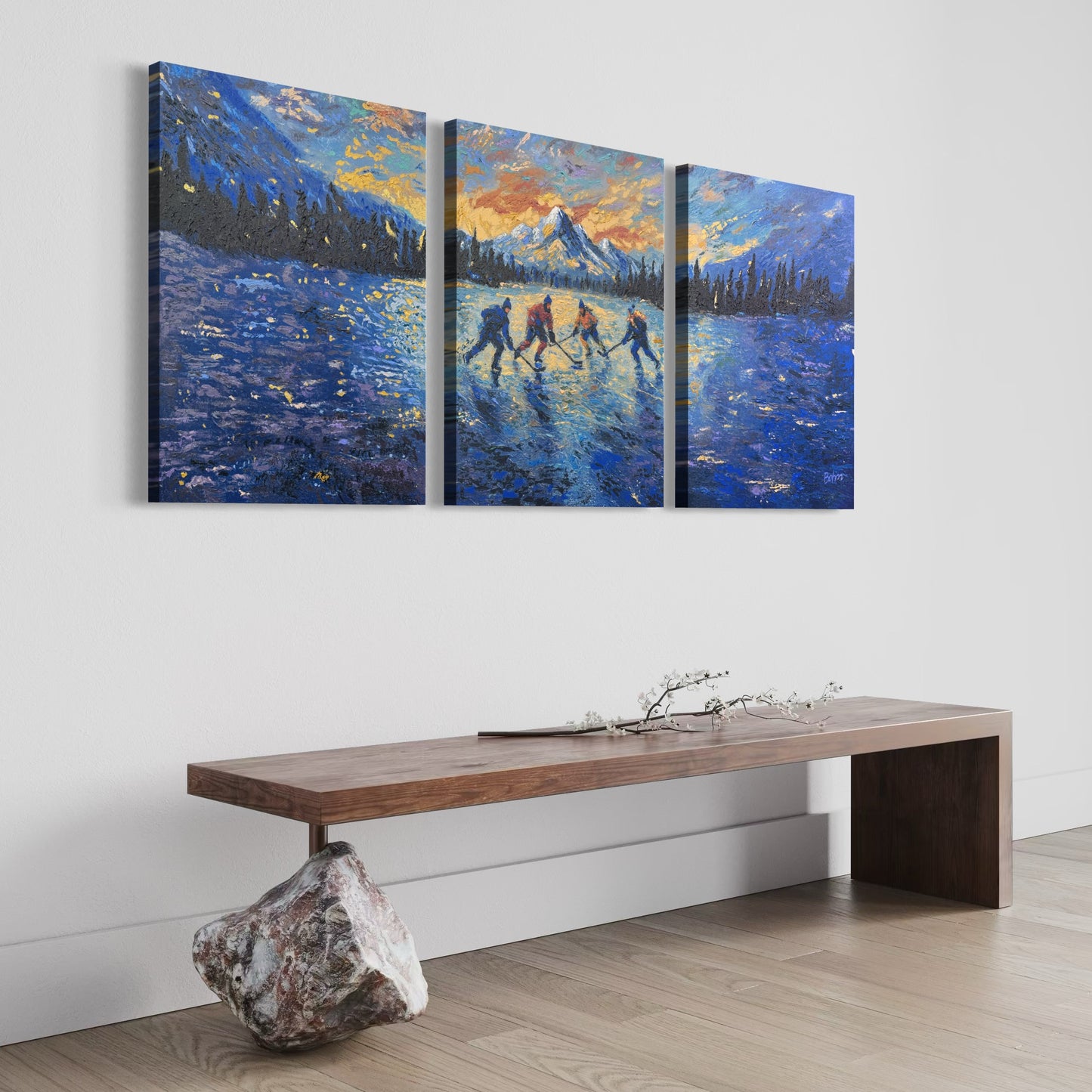Pond Hockey at Sunset ORIGINAL Hand-Painted Acrylic Art on Canvas (All Three Pieces)