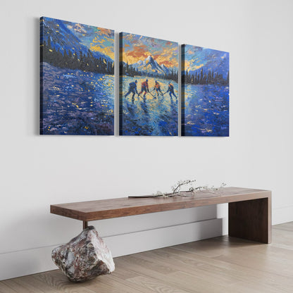 Pond Hockey at Sunset ORIGINAL Hand-Painted Acrylic Art on Canvas (All Three Pieces)