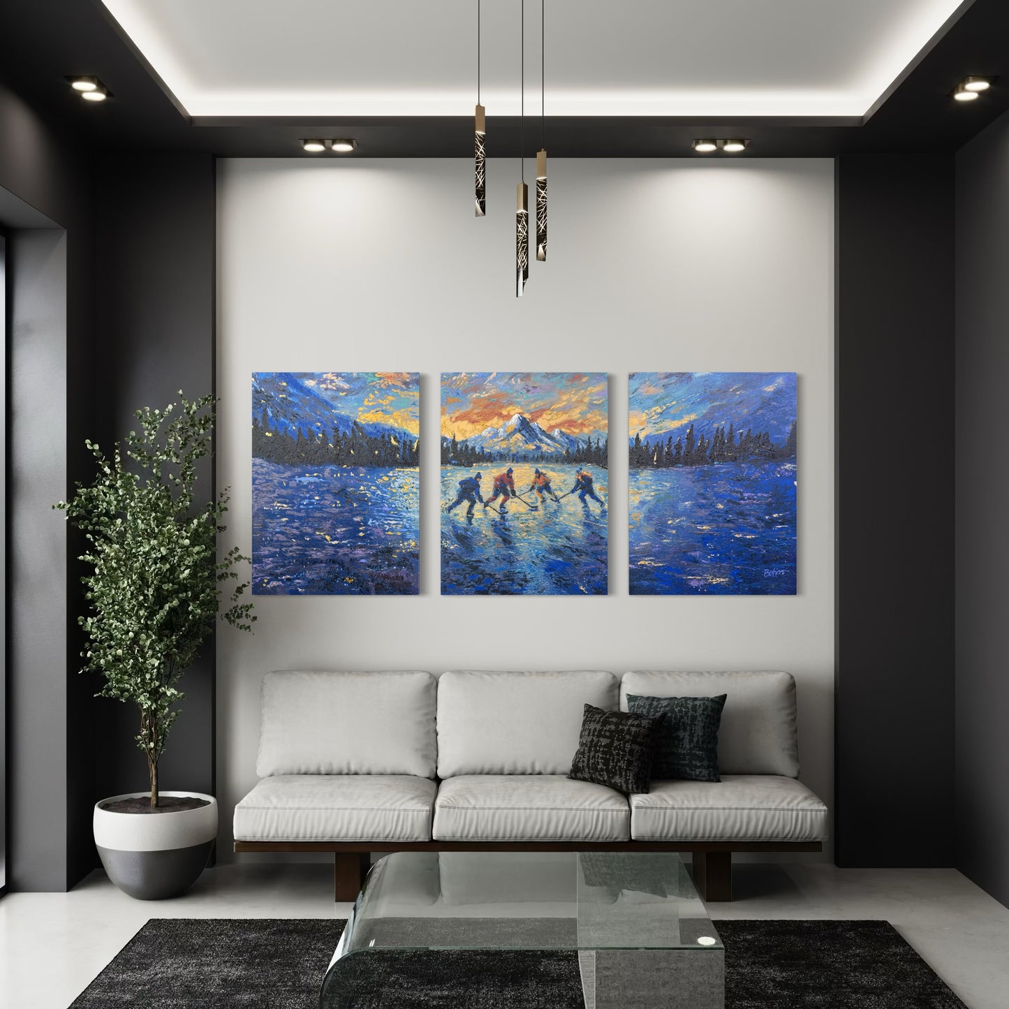 Pond Hockey at Sunset ORIGINAL Hand-Painted Acrylic Art on Canvas (All Three Pieces)
