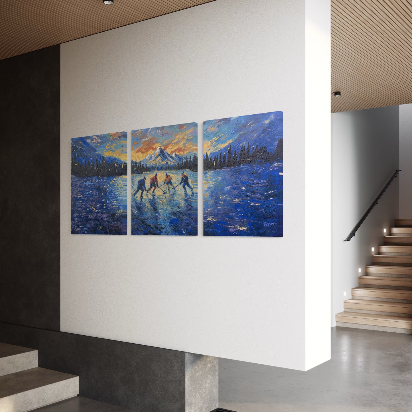 Pond Hockey at Sunset ORIGINAL Hand-Painted Acrylic Art on Canvas (All Three Pieces)