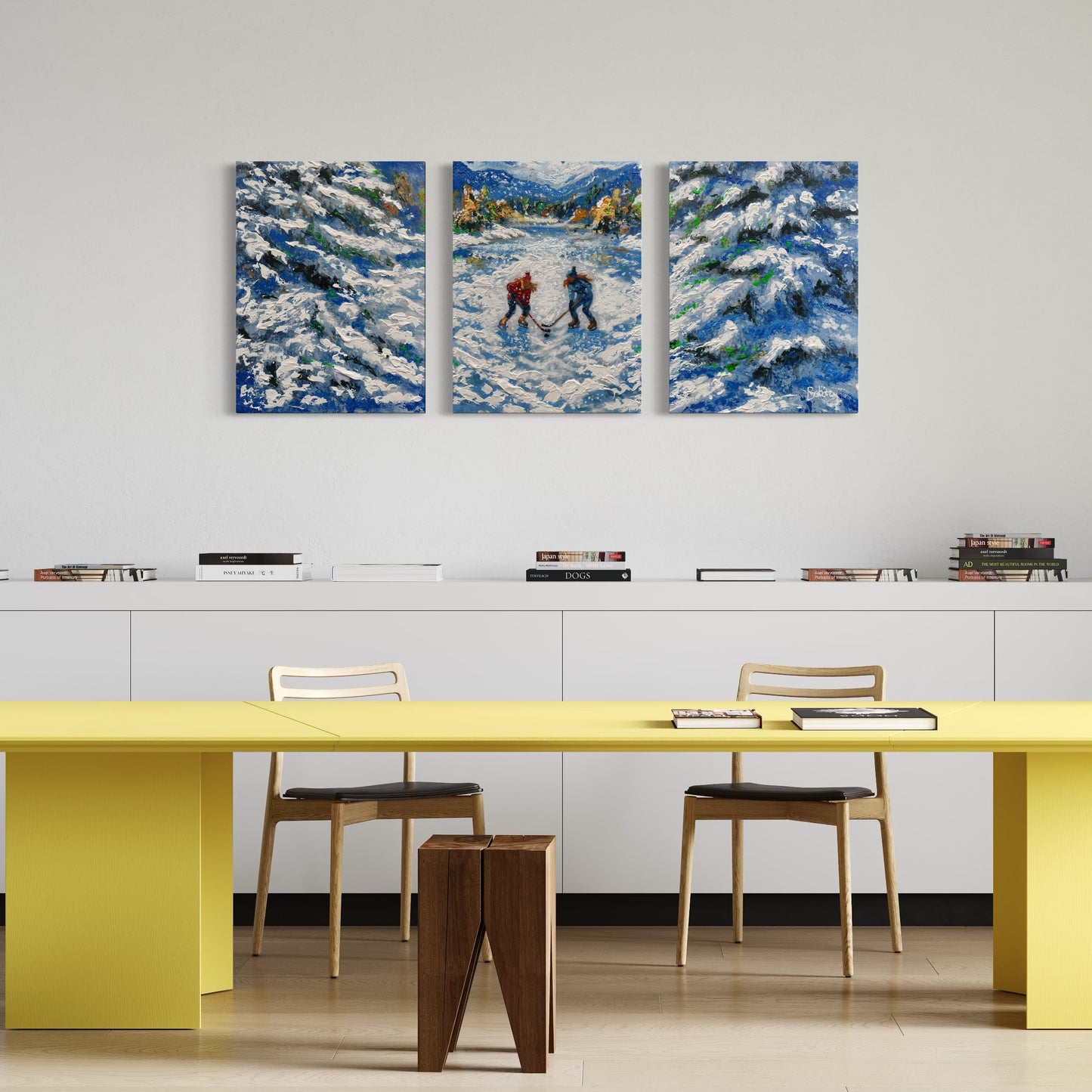 Snowie Pond Hockey ORIGINAL Hand-Painted Acrylic Art on Canvas (All Three Pieces)