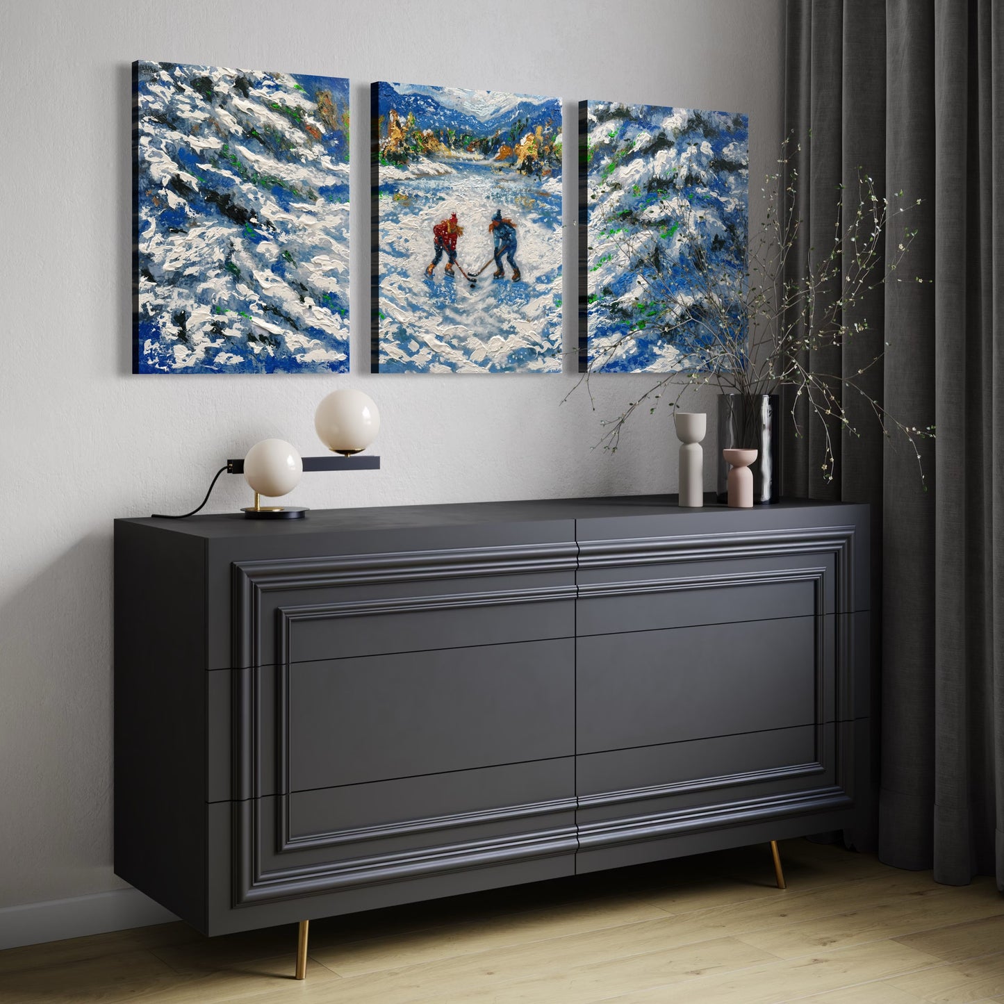 Snowie Pond Hockey ORIGINAL Hand-Painted Acrylic Art on Canvas (All Three Pieces)