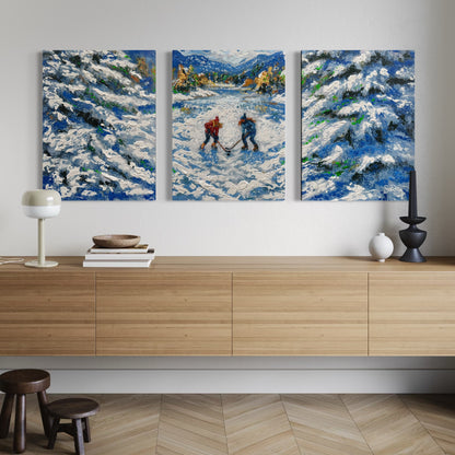 Snowie Pond Hockey ORIGINAL Hand-Painted Acrylic Art on Canvas (All Three Pieces)