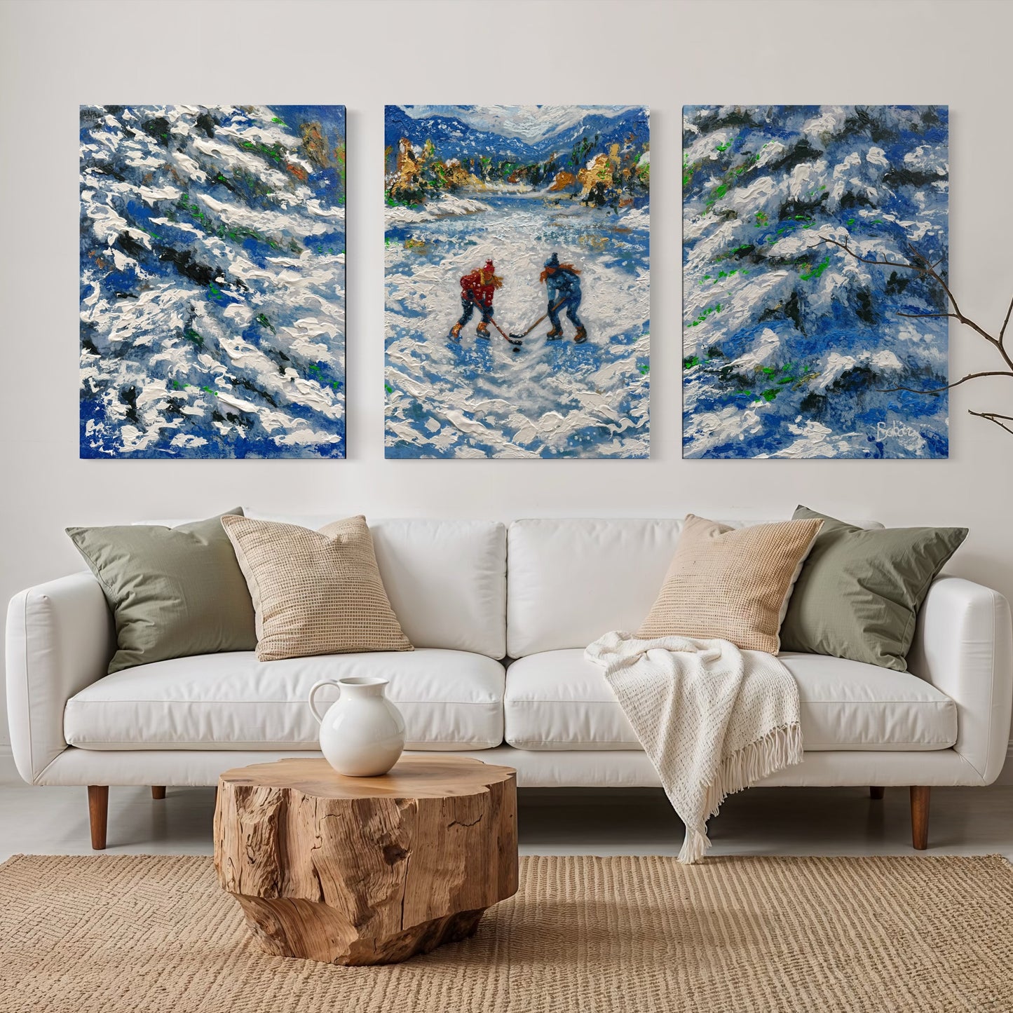 Snowie Pond Hockey ORIGINAL Hand-Painted Acrylic Art on Canvas (All Three Pieces)