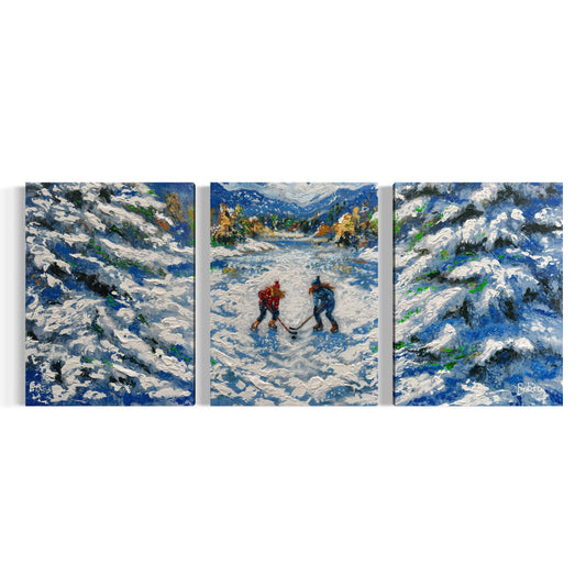 Snowie Pond Hockey ORIGINAL Hand-Painted Acrylic Art on Canvas (All Three Pieces)