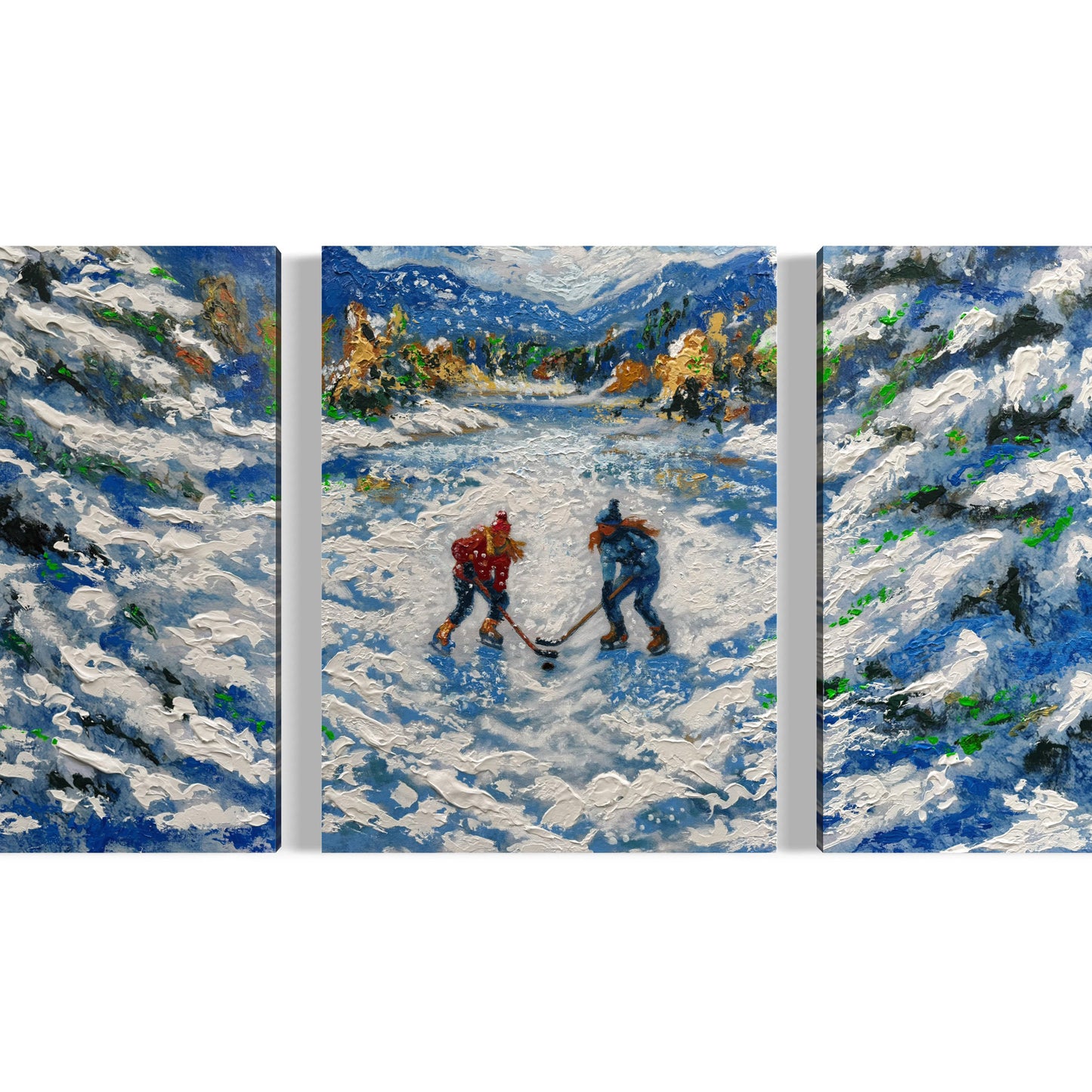 Snowie Pond Hockey ORIGINAL Hand-Painted Acrylic Art on Canvas (All Three Pieces)