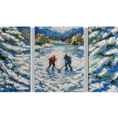 Snowie Pond Hockey ORIGINAL Hand-Painted Acrylic Art on Canvas (All Three Pieces)